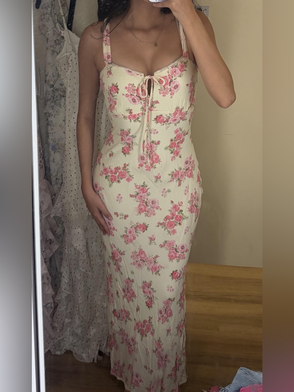 Pink Rose Floral Maxi Dress L Slip Style Lace Trim Side Zip Cottagecore Coquette - Picture 2 of 11